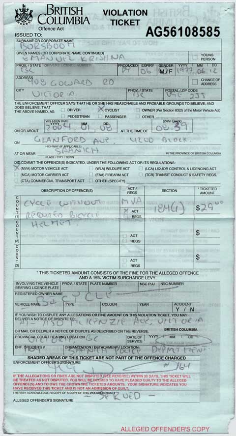 Violation ticket for cycling without a helmet