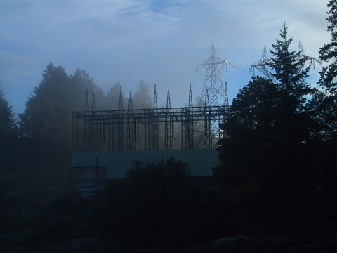 Photo of: Power lines on a misty morning, Parker Island